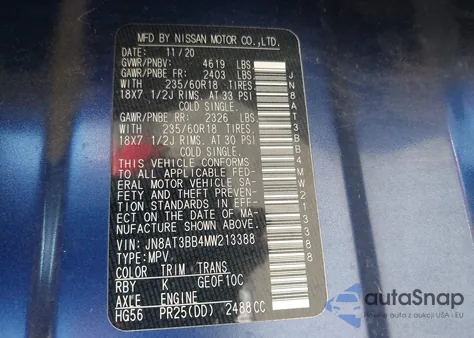 2021 Nissan Rogue Sv Intelligent Awd z USA, uszkodzony, nr VIN JN8AT3BB4MW213388